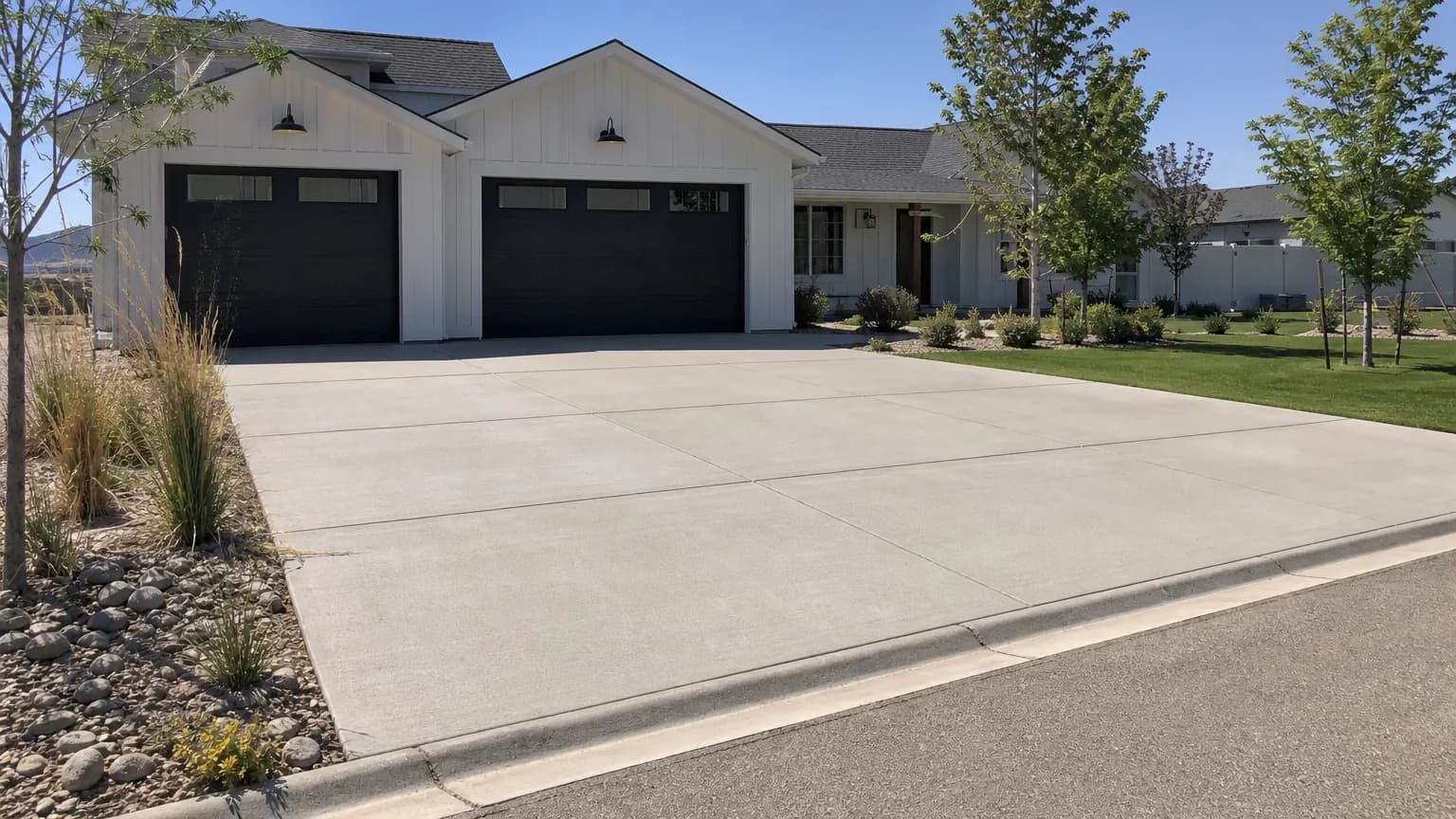 Wide two-car broom-finish concrete driveway with saw-cut joints running to the street in front of a modern farmhouse-style home with black garage doors